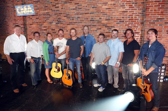 Pictured (L-R): Denis Gallagher, Partner, "Front and Center"; Don Maggi, Managing Partner and Executive Producer, "Front and Center"; Sarah Trahern, CMA Chief Executive Officer; Jon Randall, songwriter; Dierks Bentley; Jim Beavers, songwriter; Tom Becci, Chief Operations Officer and Senior Vice President, UMG Nashville; Ben Vaughn, Executive Vice President, Warner/Chappell Music and CMA Board member; Brett James, songwriter and CMA Board member; Ross Copperman, songwriter. Photo: Donn Jones / CMA