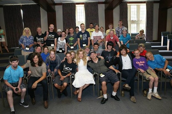 Pictured (L-R): The Band Perry pose with the campers at ACM Lifting Lives Music Camp 2014.   