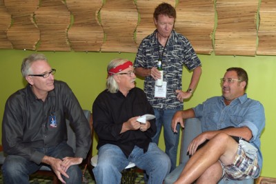 Joe Lamond President & CEO NAMM, Tom Bedell of Two Old Hippies, C. F. Martin & Co. CEO & Chairman Chris Martin and Vince Gill backstage before Vince Gill Hosts "Insight: Iconic Artists And The Gear That Inspires Them," Photo: Rick Diamond/Getty Images for NAMM)