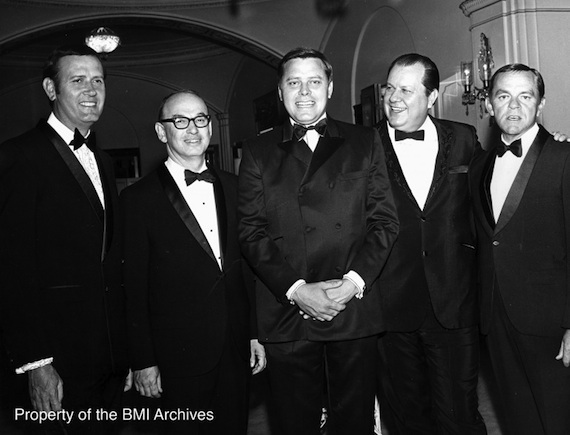 1969 BMI Country Awards. Pictured (L-R): Jimmy C. Newman, Ed Cramer, Tom T. Hall, Jimmy Key, and Bob Jennings (Photo by Bill Preston: Property of the BMI Archives) 