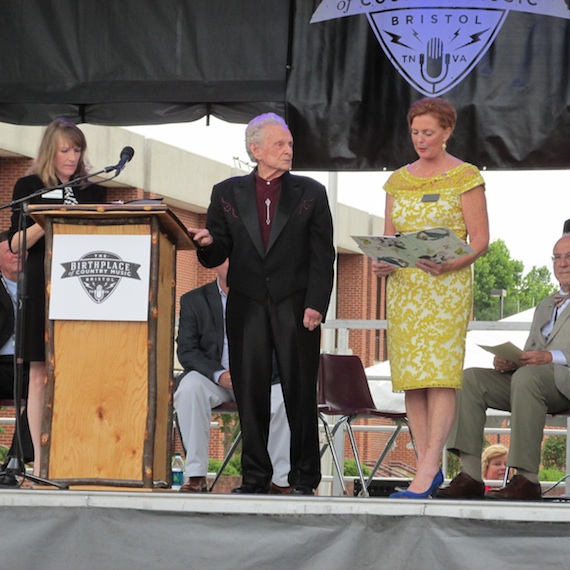 Bristol, Va. mayor Catherine Brillhart, Ralph Stanley, and Bristol, Tenn. mayor MIchelle Dolan. Photo: Mary Bufwack