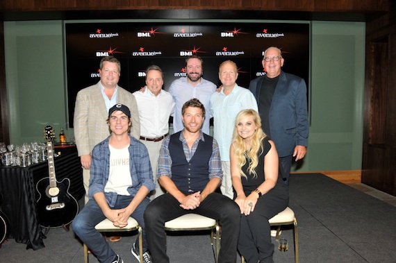 Pictured (L-R, seated): Writer/producer Ross Copperman, Brett Eldredge, Writer Heather Morgan. (Standing): BMI's Bradley Collins and Jody Williams, Sony/ATV Tree Publishing's Josh VanValkenburg and Troy Tomlinson, Warner Music Nashville's John Esposito. 