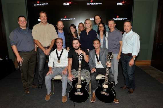 Front row (L-R): John Ozier, Tyler Farr, Phillip Larue. Second row (L-R):  Curb Music's Colt Cameron,  Sony ATV's Tom Luteran,  Curb Music's Drew Alexander, Maxx Music Publishing's Kristi Brazell,  BMI's Leslie Roberts, Razor & Tie's Lisa Johnson, Ross Asher,   Sharon Tapper, and Craig Balsam, BMI's Jody Williams. Photo: Frederick Breedon. 