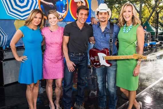 Pictured (L-R):  GMAs Ginger Zee, Amy Robach, and David Muir; Paisley; and GMAs Lara Spencer.