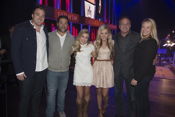 Pictured (L-R): Dot Records National Director Promo/Marketing Kris Lamb, Dot Records GM Chris Stacey, Maddie, Tae, Grand Ole Opry Vice President/General Manager Pete Fisher and 377/Red Light Management manager Haley McLemore. Photo: Chris Hollo, Courtesy Grand Ole Opry 2014