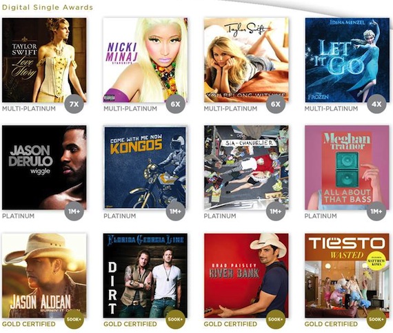 A few of the digital singles which earned RIAA sales awards last month. 