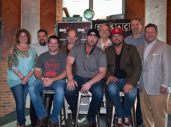 (Seated, L-R): Rob Hatch, Lee Brice, Dallas Davidson. (Standing, L-R): Magic Mustang Music's Juli Newton-Griffith,  SESACs Tim Fink, Mike Curb Musics Drew Alexander, Curb Record's Mike Curb, EMI Blackwoods Tom Luteran, BMIs Bradley Collins 