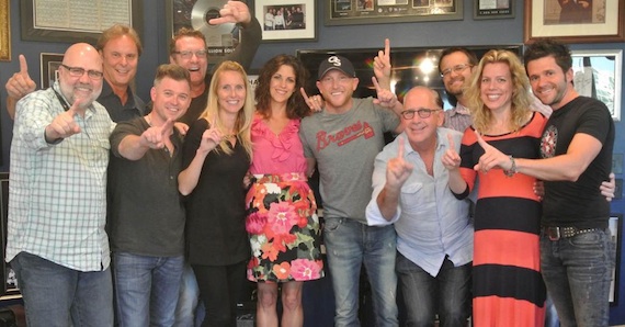 Pictured (L to R): Kevin Herring (SVP, Promotion), Scott Hendricks (EVP, A&R), Justin Luffman (VP, Brand Management), Peter Strickland (EVP & GM, WMN), Kristen Williams (VP, National Promotion), Kerri Edwards (KPentertainment), Cole Swindell, John Esposito (President & CEO, WMN), Chad Schultz (National Dir., Radio Marketing & Promotion), Katie Bright (Dir., National Promotion), Michael Carter