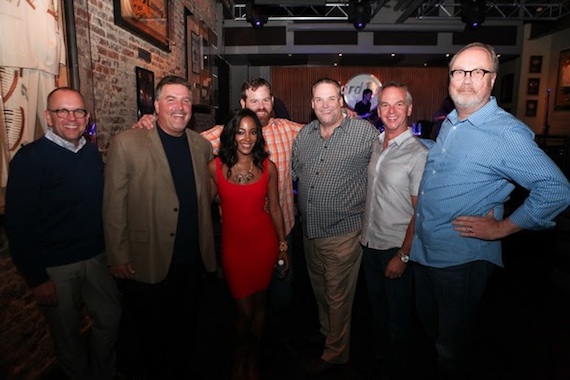 Pictured (L-R): Mickey Guyton, Charlie Morgan (CRB/CRS President/WLHK), Tim Roberts (WYCD), Guyton, Royce Risser (UMG Nashville), Bill Mayne (CRB/CRS Executive Director), Steve Hodges (Capitol Nashville) and Mike Dungan (UMG Nashville). Photo: Kristen England