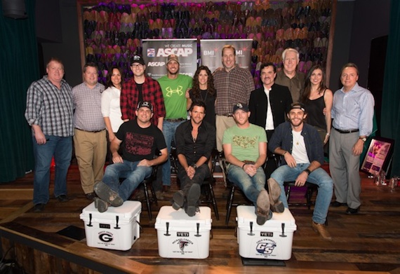  Back Row (L-R): ASCAPs Mike Sistad, BMIs Bradley Collins, ASCAPs LeAnn Phelan, producer Luke Laird, Luke Bryan, Kerri Edwards, Tom Luteran, Scott Borchetta,  George Briner, Virginia Davis and BMIs Jody Williams. First Row (L-R): Rhett Akins, Michael Carter, Cole Swindell, Thomas Rhett. Photo: Steve Lowry