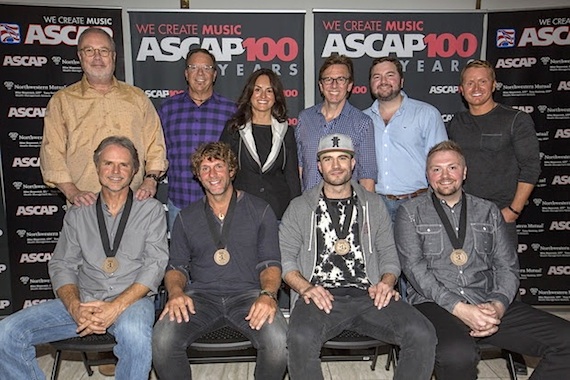 Pictured (L-R, front row): Beeson, Currington, Hunt, Osborne, (back row) UMG Nashville's Mike Dungan, publisher Old Gringo/Vibe Room's Chris Hunter, ASCAP's LeAnn Phelan, producer Dann Huff, Warner/Chappell Music Publishing's Blaine Rhodes and Smack Blue Publishing's Shane McAnally. Photo: Ed Rode