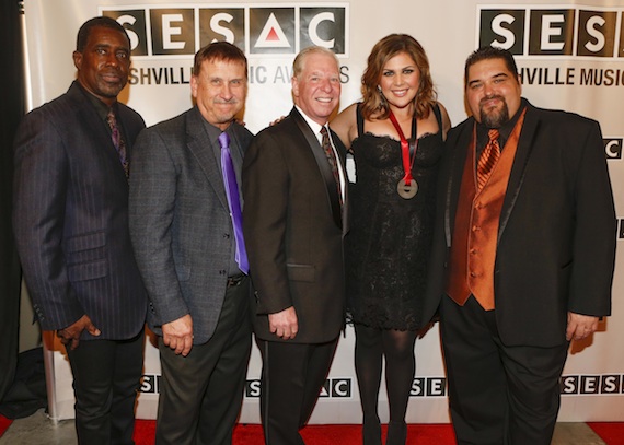 Pictured (L-R): SESACs Trevor Gale, John Mullins and Pat Collins, Lady Antebellums Hillary Scott and SESACs Tim Fink. 