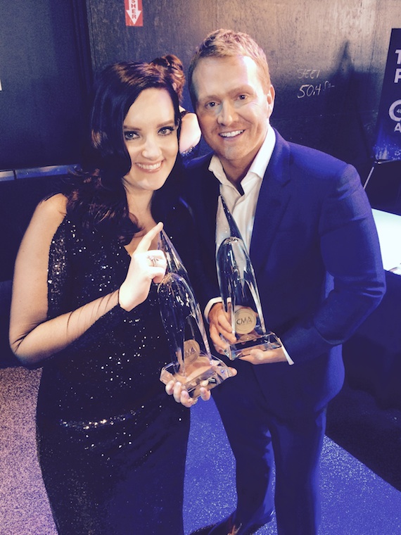 Brandy Clark and Shane McAnally with their CMA Awards for writing the 2014 CMA Song of the Year, "Follow Your Arrow," with Kacey Musgraves, who also recorded the song. Photo: Ebie McFarland