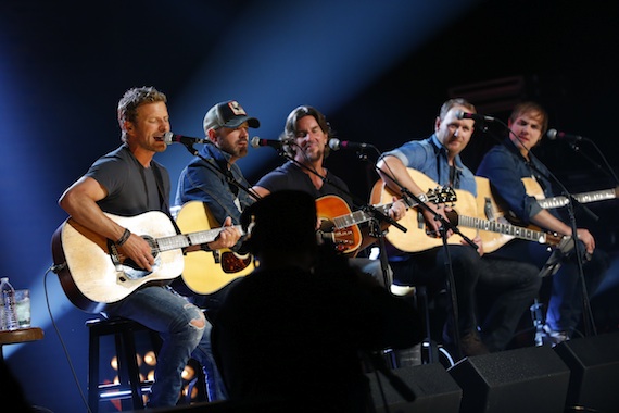 Pictured (L-R): Dierks Bentley is joined by Jon Randall, Brett James, Jim Beavers, and Ross Copperman during a special taping of public television's "Front and Center" celebrating the 10th anniversary of the CMA Songwriters Series. Photo: Donn Jones/CMA