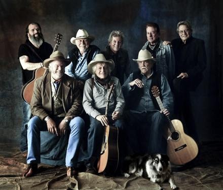  Guy Clark Old Friends Reunion - Front row: Robert Earl Keen, Ramblin' Jack Elliott, Guy Clark and Maude the dog. Back row: Steve Earle, Jerry Jeff Walker, Rodney Crowell, Joe Ely and Terry Allen.