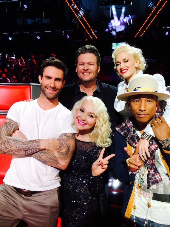  Pictured (clockwise): Adam Levine, Blake Shelton, Gwen Stefani, Pharrell and RaeLynn