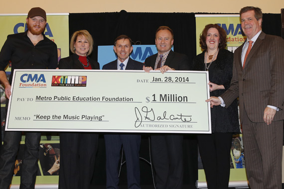 Pictured (L-R): Eric Paslay; the CMA's Sarah Trahern and  Joe Galante; Jay Steele (Metro Nashville Public Schools Chief Academic Officer); Shannon Hunt (Nashville Public Education Foundation President); and Nashville Mayor Karl Dean. Photo: Donn Jones