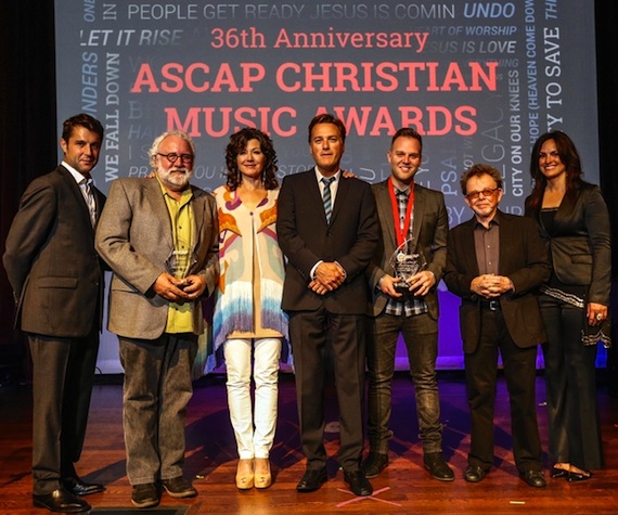 The 36th Annual ASCAP Christian Music Award honorees. Pictured (L-R): ASCAP's Michael Martin; 2014 ASCAP Christian Music Awards honorees Eddie DeGarmo, Amy Grant, Michael W. Smith and Matthew West; and ASCAP's Paul Williams and LeAnn Phelan at the 2014 ASCAP Christian Music Awards. Photo: Ed Rode. 