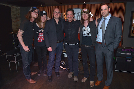 Pictured (L-R): The Cadillac Threes Kelby Ray and Neil Mason, BMR SVP Promotion, Jack Purcell, BMLG President & CEO Scott Borchetta, The Cadillac Threes Jaren Johnston and Triple8 Managements Bruce Kalmick. 