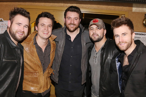 Sharing a moment at the Sony Music Nashville Boat Show on Thursday night were label group recording artists (L-R) The Swon Brothers Zach Swon, Josh Dorr, Chris Young, Tyler Farr, and The Swon Brothers Colton Swon.