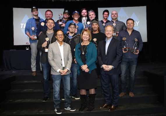 Pictured (Back row, L-R): Luke Laird, Rhett Akins, Dallas Davidson, Michael Carter; (third row, l-r) Josh Osborne, Cole Swindell, Brett Waren, Jon Nite; (second row, L-R): Ashley Gorley, Chris Tompkins, Brad Warren, Rodney Clawson; (front row, L-R): Jon Loba, Executive Vice President of BBR Music Group and CMA Awards and Recognition Committee Chairman; Sarah Trahern, CMA Chief Executive Officer; Troy Tomlinson, President and CEO of Sony/ATV Music Publishing and CMA Board member. Photo: Donn Jones / CMA