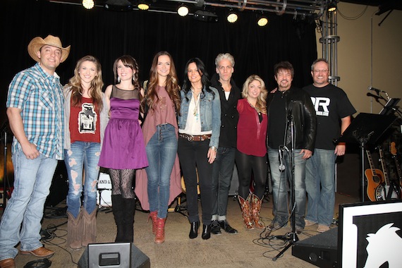 Pictured(L-R): Sim Balkey, Kaitlyn Baker, Megan Moreaux, Hannah Bethel, Rivers & Rust (Sheila Marshall and Kyle Cook), Danielle Bourjeaurd, guest host Jeff Bates, Digital Rodeo Pres. John Pyne. Photo: Bev Moser