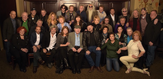 Front (L-R): Lulu Roman, Lee Greenwood, Dave Rowland, Sylvia, Roy Clark, Moe Bandy, Jan Howard, Nancy Jones, Crystal Gayle, Mickey Gilley, Tanya Tucker. Middle (L-R): KMLE Program Director Tim Richards, Larry Black, John Conlee, Lisa Matassa, Lorraine Jordan, Deborah Allen, Jeannie Seely, David Frizzell, LeRoy VanDyke. Back (L-R): Jim Ed Brown, Bill Anderson, Richard Sterban, Duane Allen, Joe Bonsall, William Lee Golden, Eddy Raven, Tim Rushlow, T. Graham Brown, Richard Young,  KZSN Program Director Brian Jennings, Webster PR's Kirt Webster. Photo: Rick Diamond (WireImage/Getty Images), photographer; for Jeremy Westby & Kirt Webster (Webster Public Relations).