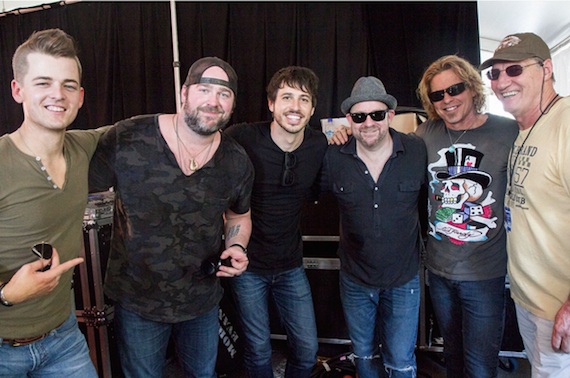 Pictured (L-R): Chase Bryant; Lee Brice; Morgan Evans; Kristian Bush; Jeffrey Steele and promoter Ron Potts at the CMC Songwriters Show. Photo courtesy Jeremy Dylan 