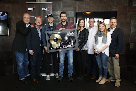 Pictured (L-R): EMI Nashvilles Mike Dungan, Sony/ATVs Troy Tomlinson, BMI songwriter Luke Laird, BMI songwriter Eric Church, Creative Nations Beth Laird, Universal Publishings Kent Earls, Little Louder Musics Whitney Parker, BMIs Jody Williams. 