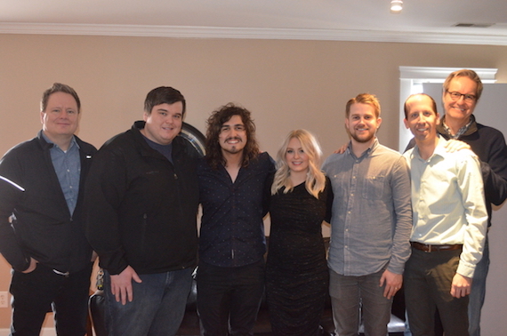 Pictured (L-R): Steve Ford, Centricity Music; Adam Taylor, Motion Management; Jordan Feliz; Jamie Feliz; Jon Sell, Ben Stauffer, John Mays, Centricity Music 