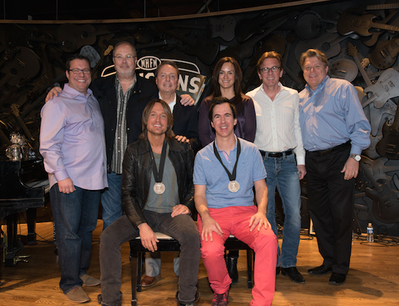 Pictured (L-R): Kent Earls (Universal Music Group), Mike Dungan (Capitol Nashville), Jody Williams (BMI), LeAnn Phelan (ASCAP), Dann Huff (producer), David Preston (BMI), Keith Urban (singer-songwriter), JT Harding (songwriter) 