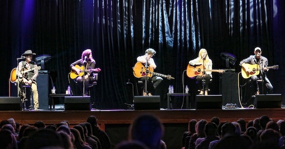 CMA Songwriters Series on Friday, March 6, 2015 at indigo at The O2 in London as part of C2C. (l-r) Kix Brooks, Brandy Clark, Sam Palladio, Jessi Alexander, and Jon Randall perform during the CMA Songwriters Series at indigo at The O2 Friday in London. Photo Credit: Anthony D'Angio / CMA 