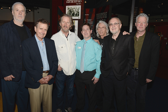 Pictured (L-R): Nashville Cats David Briggs, Lloyd Green, and Mac Gayden; CMHoF curator Michael Gray; Nashville Cats Wayne Moss and Norbert Putnam; and guest co-curator Pete Finney. Photo: Jason Davis, Getty Images