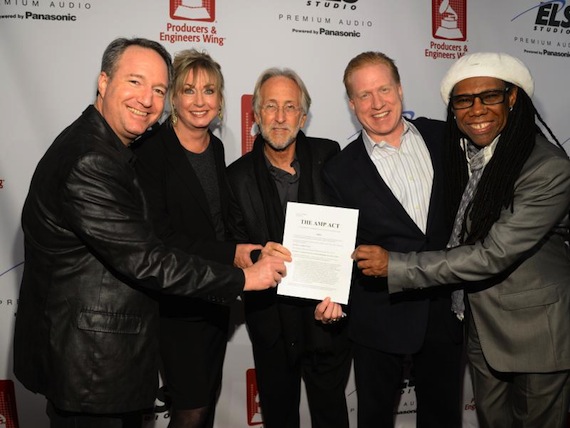 courtesy The Recording Academy/WireImage.com L-R)The Recording Academy's Daryl P. Friedman, Chief Advocacy & Industry Relations Officer; Maureen Droney, Managing Director, P&E Wing; and Neil Portnow, President/CEO join with Michael Huppe, President & CEO of SoundExchange, and GRAMMY winning songwriter/producer/guitarist Nile Rodgers to celebrate The AMP Act.