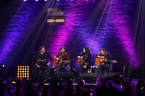 Pictured (L-R): Bob DiPiero, Charlie Worsham, Brandy Clark, and Shane McAnally perform during "Front and Center" CMA Songwriters Series. The episode will begin airing April 11 on Public Television. Photo: Donn Jones/CMA