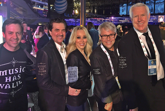 Pictured (L-R): Big Machine Label Group executives sport the Music Has Value logo at the ACM Awards on Sunday night. L-R, Big Machines Matthew Hargis, Scott Borchetta, Sandi Spika Borchetta, Jimmy Harnen and George Briner. 