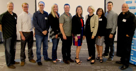 Pictured (L-R): Randy Wachtler (Warner/Chappell Production), John Ozier (ole), Craig Currier (peermusic), Ree Buchanan (AIMP Treasurer/Wrensong), John Allen (New West Records), Kim McCollum-Mele (Words & Music), Charlesworth, Denise Nichols (AIMP  Secretary/Primacy Firm), Brad Peterson (5/3 Bank), Marc Driskill (AIMP Exec. Director/Sea Gayle) 