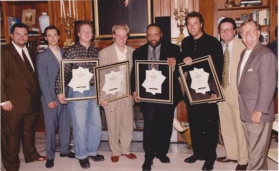 SparrowMusic Publishing Songwriting Achievement Awards presentations to Charlie Peacock, Steven Curtis Chapman, Andrae Crouch, and Michael W. Smith. Billy Ray Hearn is pictured on the right next to his son Bill Hearn. 