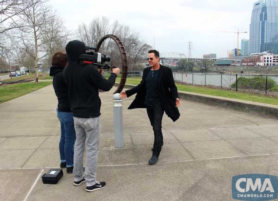 Gary Allan films his cameo in the Chevrolet Riverfront Stage lineup reveal video near LP Field in Nashville. Photo: Christian Bottorff / CMA