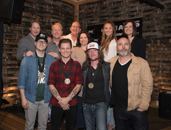 Pictured (Back row): BMIs Clay Bradley, Sony/ATVs Troy Tomlinson, Warner Music Nashvilles John Esposito, ASCAPs Evyn Mustoe, Universal Music Publishings Cyndi Forman and Creative Nations Beth Laird. (Front row): BMI songwriter Luke Laird, BMI singer/songwriter Frankie Ballard, ASCAP songwriter Jaren Johnston, producer Marshall Altman.    