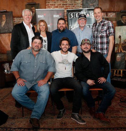 (Back row, L-R): George Briner (Valory Music Co.), Leslie Roberts (BMI), Tim Fink (SEASAC),  Bill Butler (Bill Butler Music), Tom Luteran (Sony/ATV). (Front row, L-R): Larry McCoy, Thomas Rhett, Bart Butler.