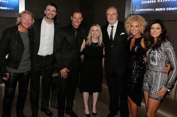 Pictured (L-R): Little Big Town's Phillip Sweet (Vocal Group of the Year), Sam Hunt (New Artist of the Year nominee), LBT's Jimi Westbrook (Vocal Group of the Year), UMG Nashville President Cindy Mabe, UMG Nashville Chairman and CEO Mike Dungan,  LBT's Kimberly Schlapman  (Vocal Group of the Year) and LBT's Karen Fairchild (Vocal Group of the Year). Photo: Alan Poizner