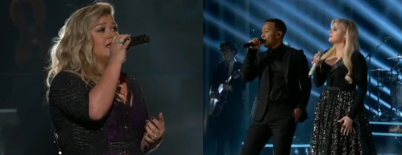 Kelly Clarkson (L) performs. John Legend (C) takes the stage with Meghan Trainor (R). Photos: BBMA.