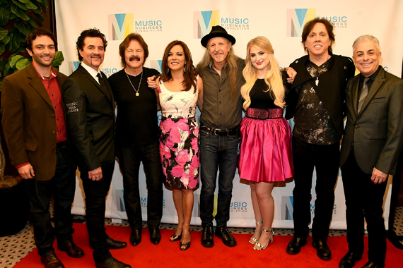 Pictured (L-R): Fred Beteille (Chairman of Music Biz), Scott Borchetta (president and CEO of the Big Machine Label Group), Tom Johnston (The Doobie Brothers), Martina McBride, Patrick Simmons (The Doobie Brothers), Meghan Trainor, John McFee (The Doobie Brothers), and Jim Donio (NARM president). Photo: Rick Diamond.