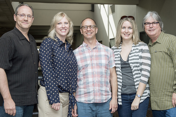 Music industry executives pose with MTSU recording industry chair Beverly Keel, second from left, after a special "New Artist Consultation" workshop for student singers, songwriters and musicians. From left are Shelby Kennedy, vice president of executive relations, TuneCore; Keel; publisher/artist manager Scott Gunter; Courtney Gregg, general manager of Carnival Music; and Chris Oglesby, vice president - creative for BMG/Chrysalis. Photo: J. Intintoli