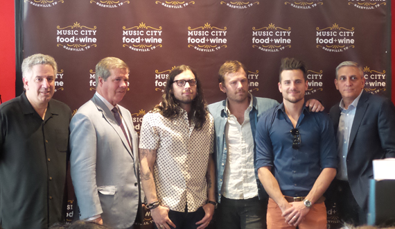 Pictured (L-R): Ken Levitan, Mayor Karl Dean, Kings of Leon's Nathan Followill, Caleb Followill and Jared Followill, Butch Spyridon. Photo: Kelsey Grady.