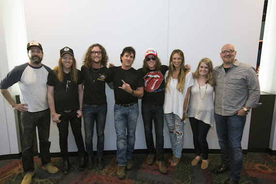 Pictured (L-R):  Director David McClister, TC3s Neil Mason, Kelby Ray, Big Machine Label Group President & CEO Scott Borchetta, TC3s Jaren Johnston, Evyn Johnston, WSIXs Kimsey Kerr and Big Machine Records SVP Promotion Jack Purcell Photo Credit: Seth Hellman