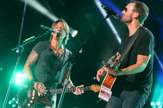 Eric Church joined Keith Urban for a performance of their No. 1 song "Raise 'Em Up" during Sunday night's concert at LP Field during the 2015 CMA Music Festival. Photo : John Russell/CMA