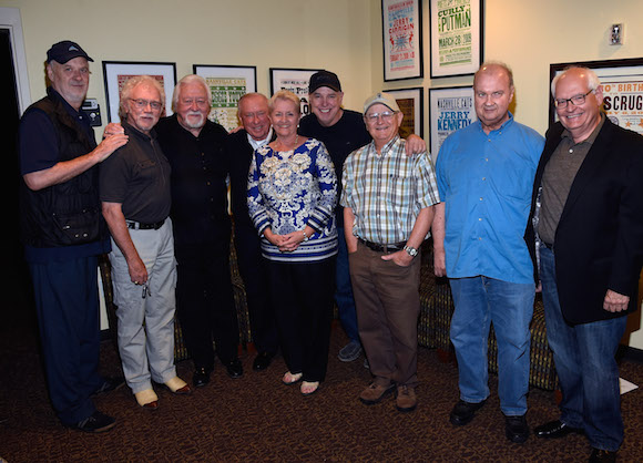 Pictured (L-R): David Briggs, Bergen White, Jimmy Capps, Walker, Eddie Bayers, Country Music Hall of Fame Members Charlie McCoy and Hargus Pig Robbins, and Steve Gibson