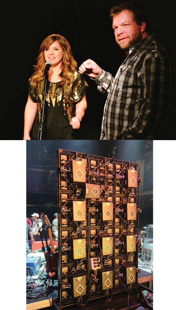 (Top):Kelly Clarkson preps hologram-like video for "Don't You Wanna Stay" with Scott Scovill. (Bottom): Inner workings of one of Scovill's two high definition LCD screens, created for concert tours by Moo TV. Photos: Moo TV